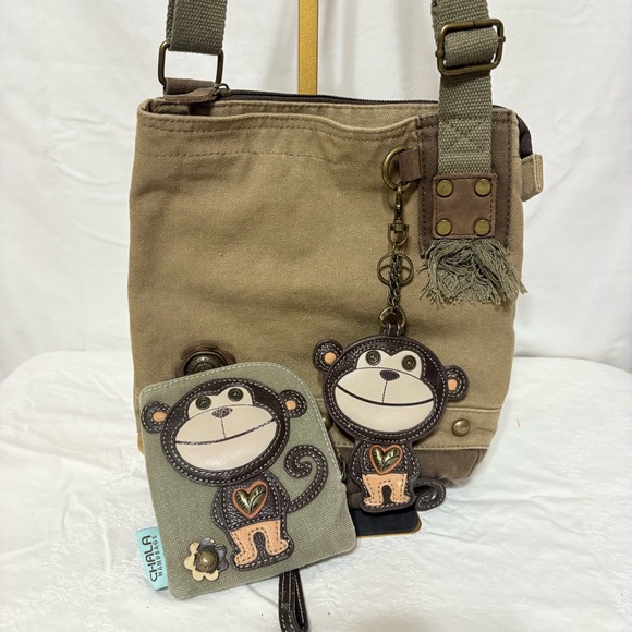 Chala Patch Crossbody Handbag in olive green canvas with a monkey charm - Picture 3 of 11